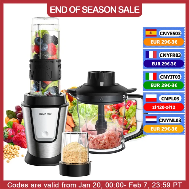 BioloMix 3-in-1 Multifunctional Food Processor 700W Portable Juicer Blender Personal Smoothie Mixer Food Chopper and Dry Grinder