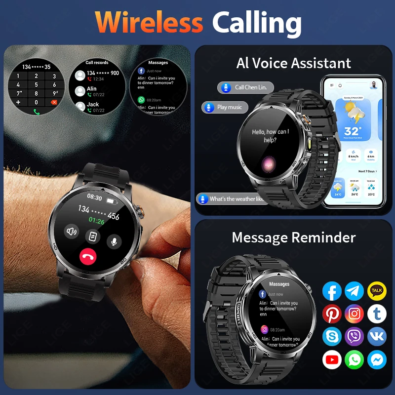 LIGE 2025 New For HUAWEI Xiaomi 1000mAh Smart Watch Men Sports Fitness SOS Distress Light LED Flashlight IP68 BT Call Smartwatch