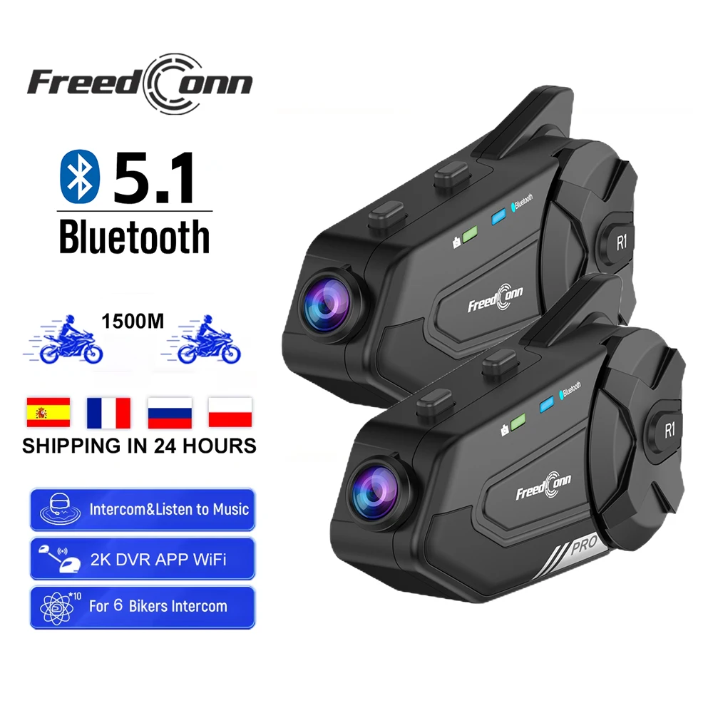 Freedconn Motorcycle Intercom Auto Dvr Helmet Bluetooth Headset Group Speaker Headphone Moto WiFi App Motorbike Dash Cam