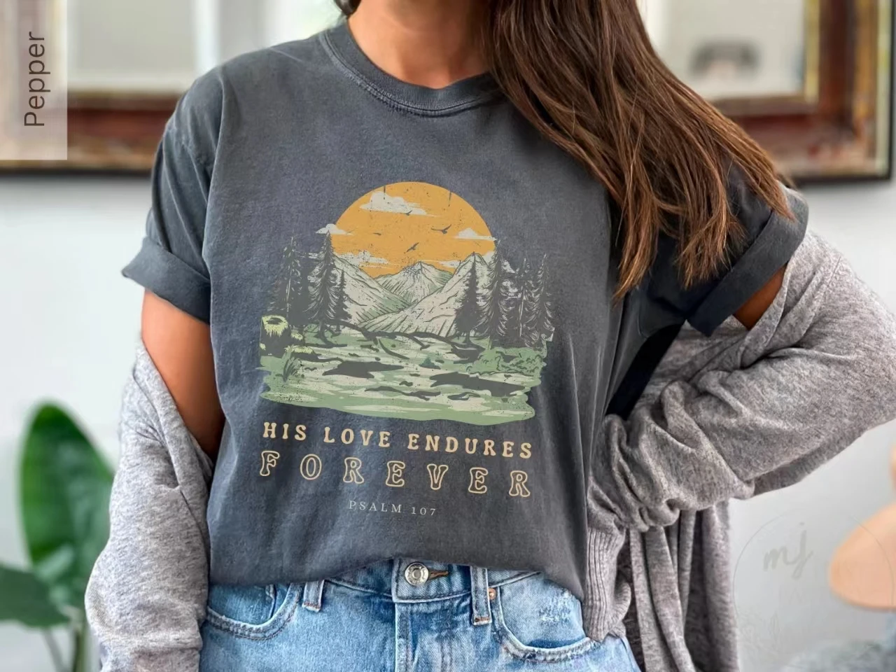 

His Love Endures Forever Psalm Slogan Women T-shirt Vintage Cartoon Mountain Forest Setting Sun Print Female Casual Female Tee