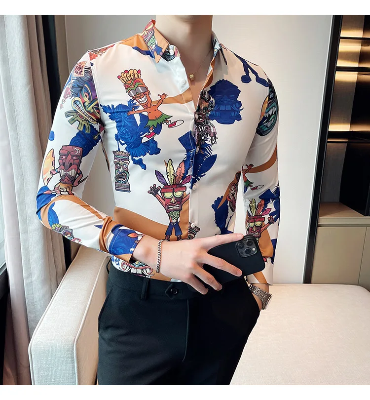 Camicia Uomo Slim Fit Stampa Etnica - Maniche Lunghe Casual Stile Retrò