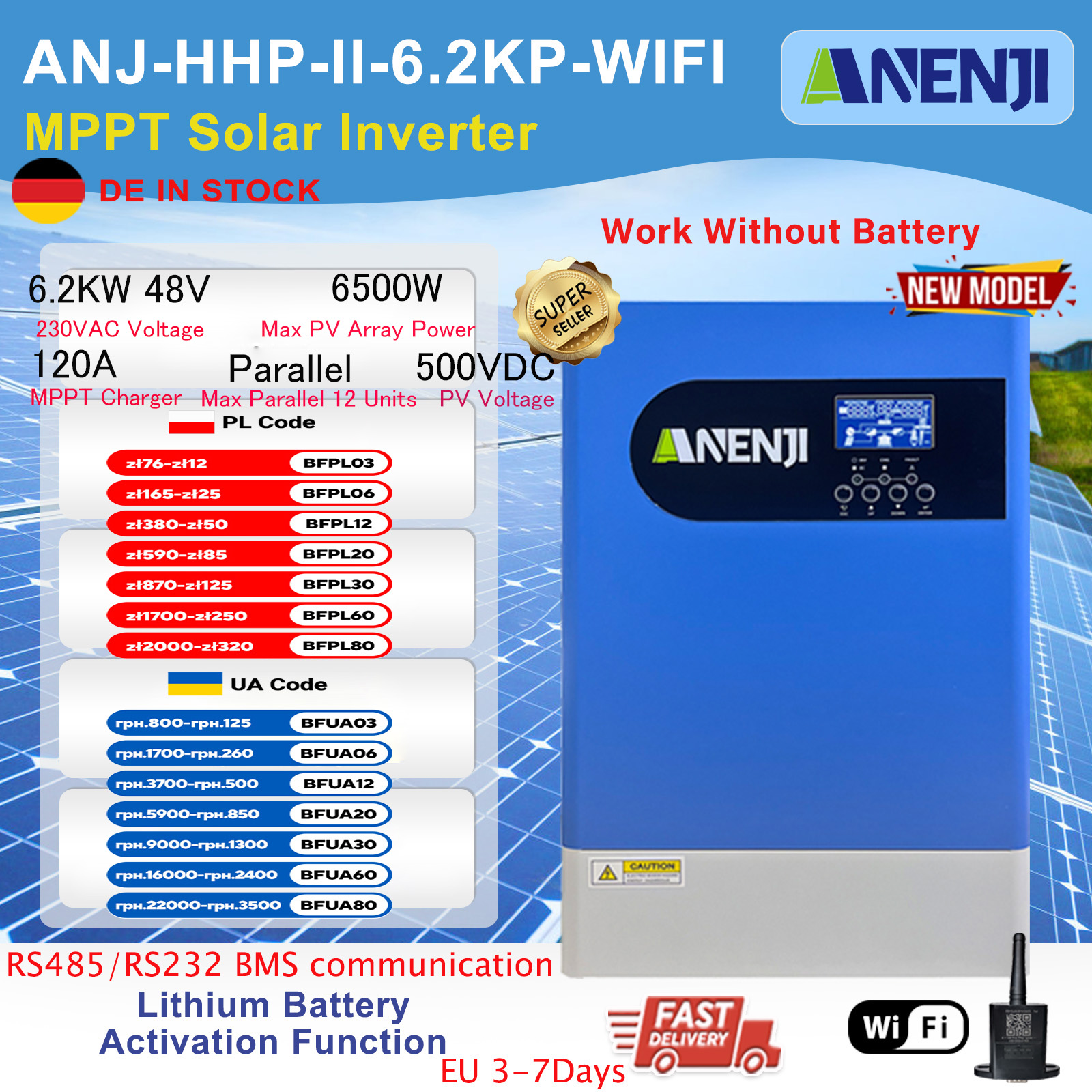 6.2KW Parallel Hybrid Solar Inverter 48V Pure Sine Off Grid Tie 230V MPPT Solar Inverter 120A Charge Controller PV 60-500V Wifi