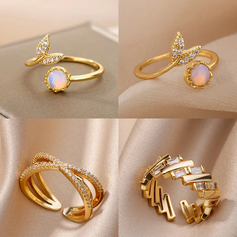 Fashion Rings Stainless Steel Opal Crystal Stone