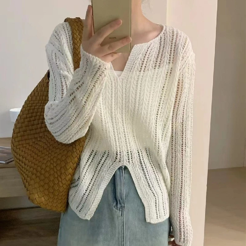 

Cut-out Slit Sexy Sweater Women's Pullover Retro V-neck Sunscreen Top Sweater Pullovers