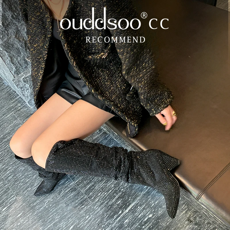 Women Knee Boots Ods Sexy Brand Luxury Bling Silver Crystal Knee High Chunky Womens Designer Stacked Cowboy Boots Rhinestone Glitter Shoes 41jc43