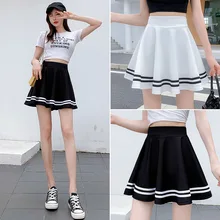 2022 new hot pleated skirt short college style black female black and white striped light-proof high waist A-line fluffy skirt