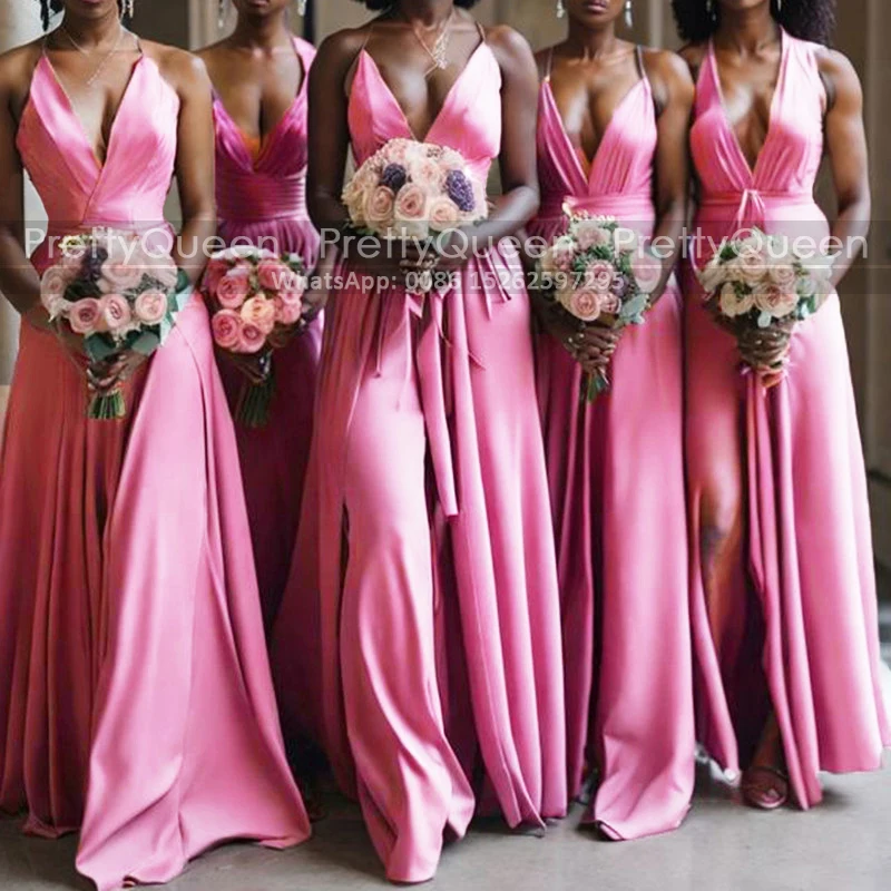 

Spaghetti Plunging Neck Bridesmaid Dresses Long A Line Side Split Long Dark Pink Bridal Party Dress Maid Of Honor