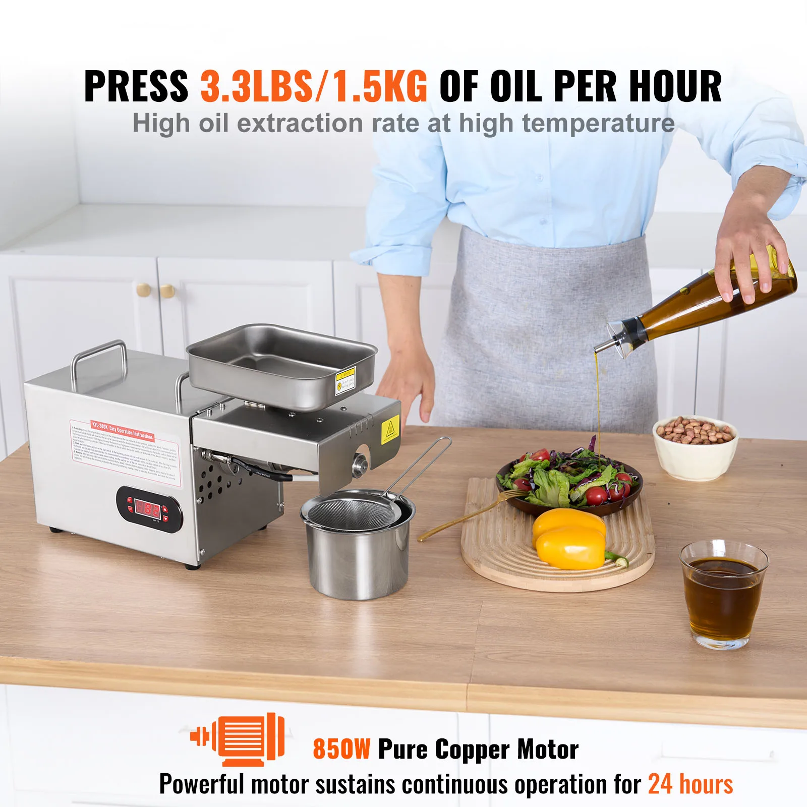 SucceBuy 850W Stainless Steel Oil Extractor Machine Adjustable Temperature Hot Press Oil Expeller