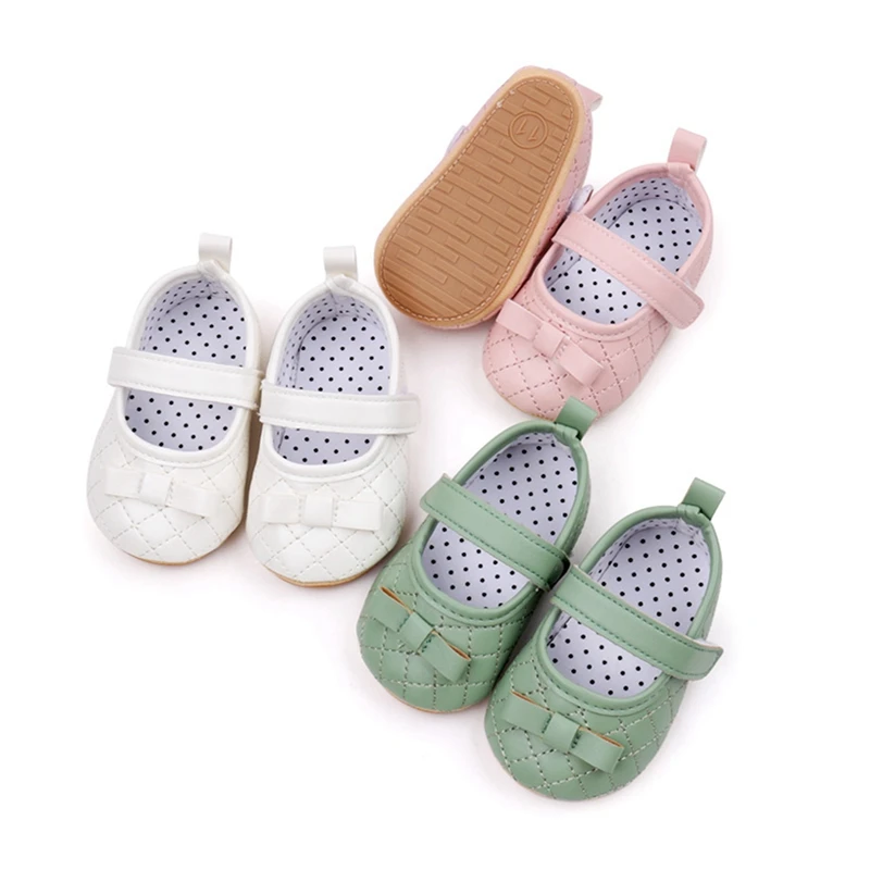 

0-18M Newborn Baby Girl Princess Dress Shoes Bowknot Mary Jane Flats Quilted Crib Shoes with Non-Slip Rubber Sole