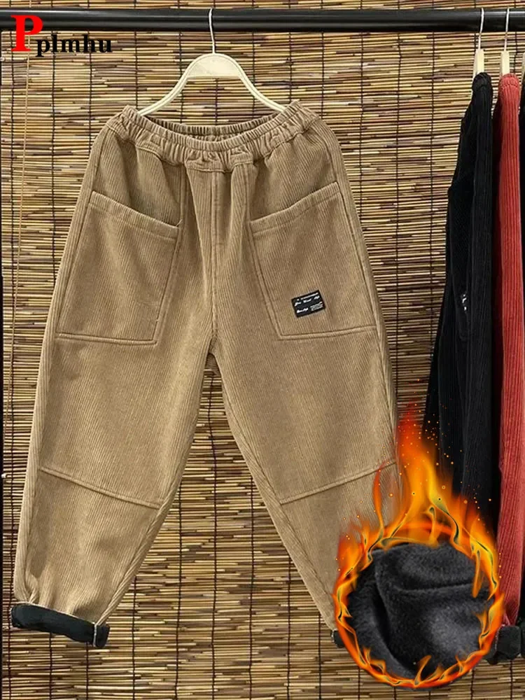 

Casual Plus Velvet Womens Harem Pants Baggy Classic Warm Thicken Pantalones High Waist Corduroy Ankle-length Snow Wear Sweatpant