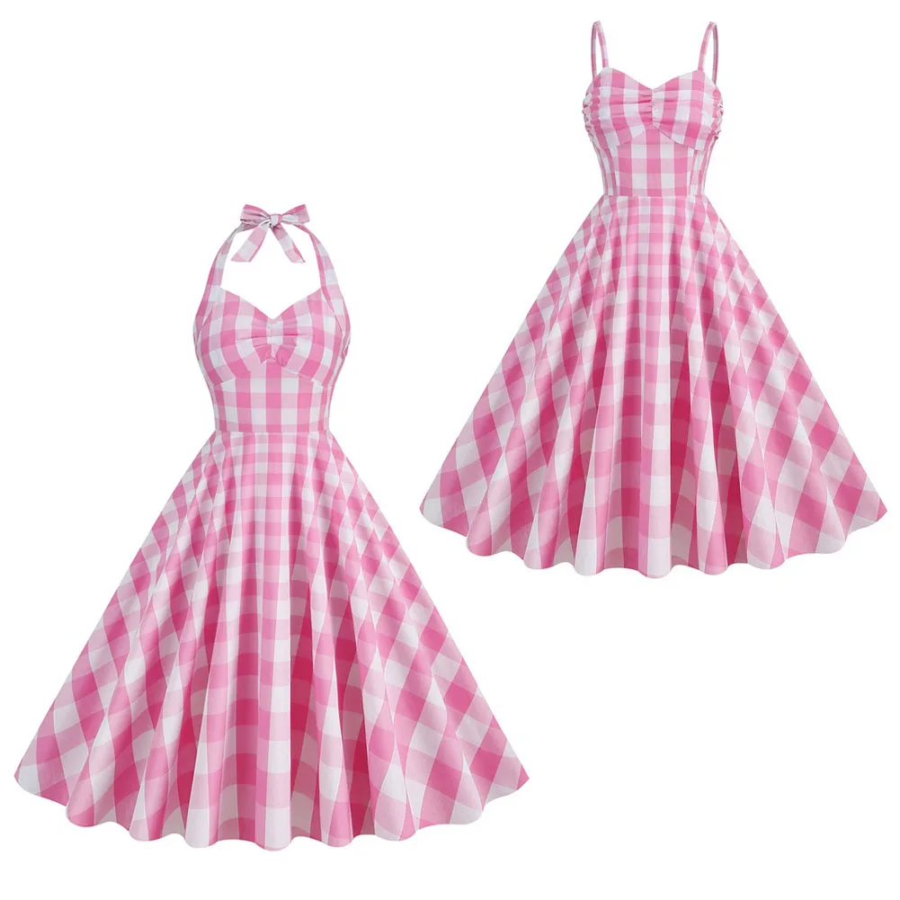 

Babier Margot Cosplay Skirt Costume Hepburn Style Retro Pink Plaid High Waisted Waist Large Swing Mid Length Dress Girls Women