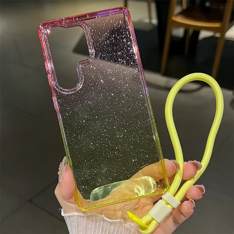 Transparent Gradient Glitter Bling Phone Case with Short Hand Rope Lanyard and Soft Cover