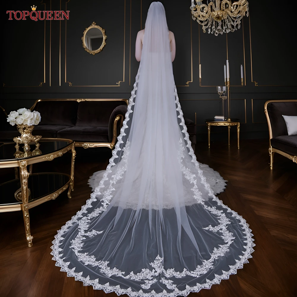 TOPQUEEN V110 3M Bridal Veil Lace Edge Wedding Veils for Women Scalloped Alencon Floral French Lace Trim Amanda Novias 1 Tier