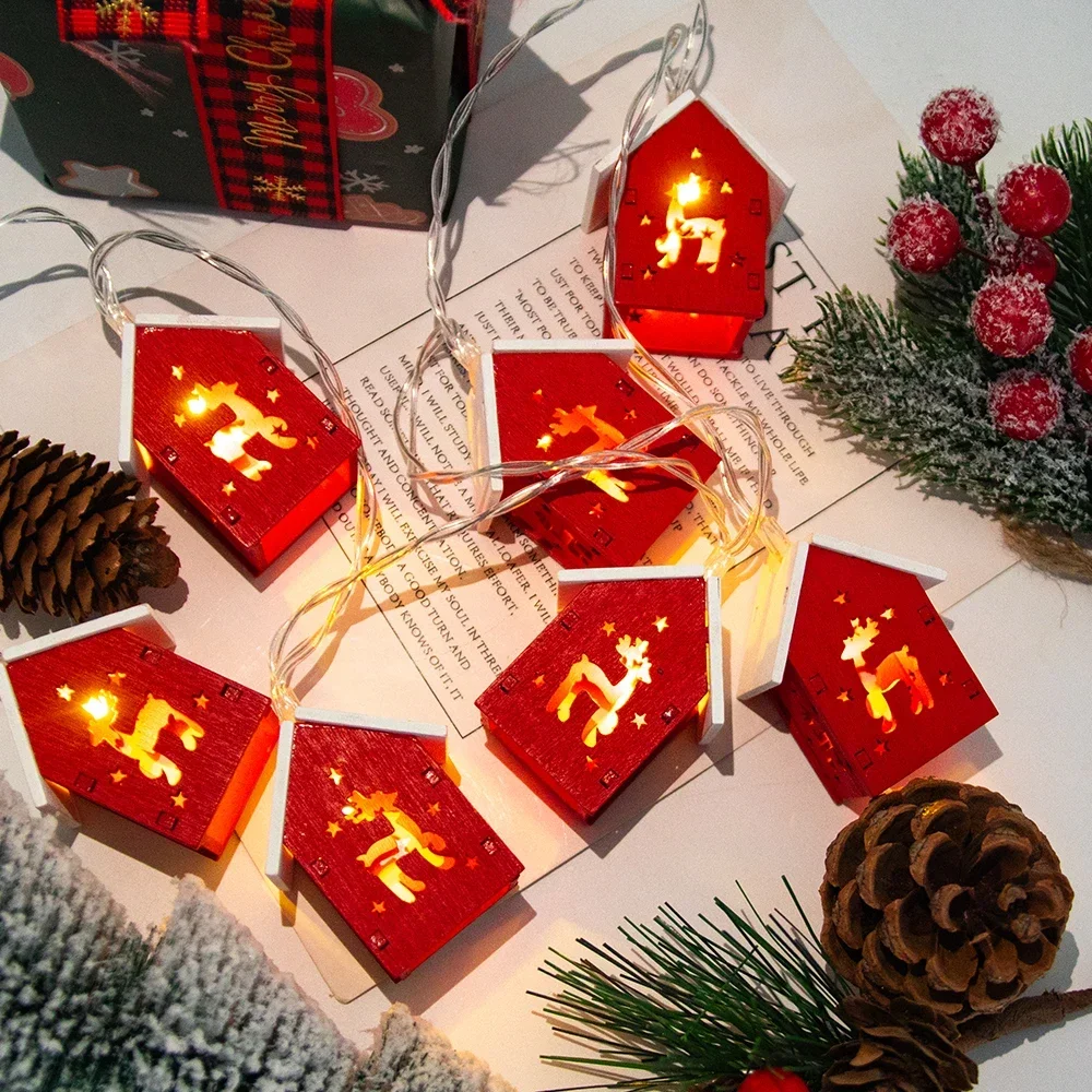 Christmas Wooden House LED String Light Xmas Tree Garland Home Fairy Lamp Merry Christmas Hanging Ornament 2025New Year Gift Noe