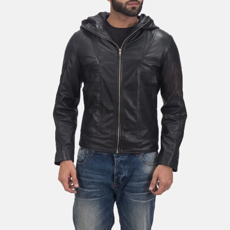 Men's Sheepskin Leather Jacket Slim Fit Cycling Jacket with Hooded Shirt Fashionable Trend