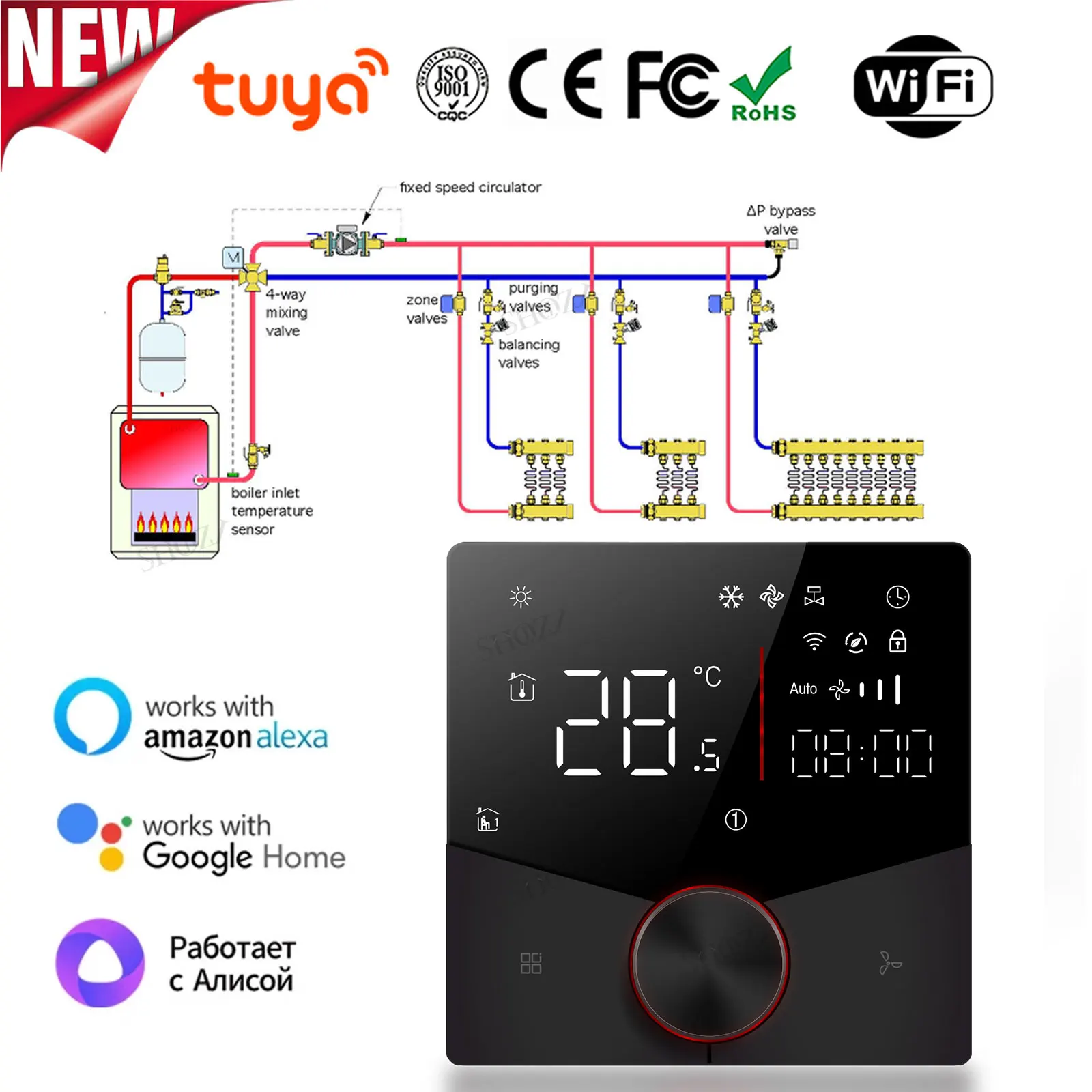 Termostato Central Wi-fi Tubos ar Condicionado Bobina de Ventilador de Velocidades Ajuste de Temperatura Rotativo Voz Tuya Alexa