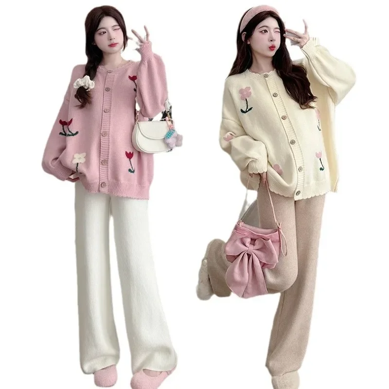 FashionableStylish Floral Age-Reducing Lazy Casual Thickened Sweater Jacket Knitbell Bottoms 2-Piece Set For Pregnant Women