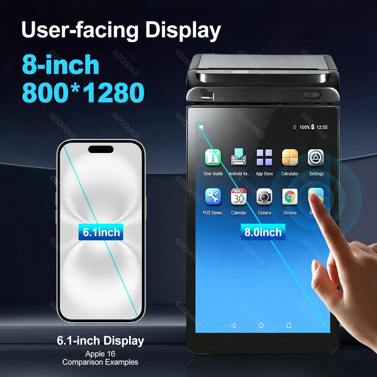 안드로이드 14 POS 단말기 데스크탑 태블릿/핸드헬드 8인치 디스플레이 터치스크린 POS 시스템 80x50mm 감열 프린터, 1D 2D 스캐너 NFC