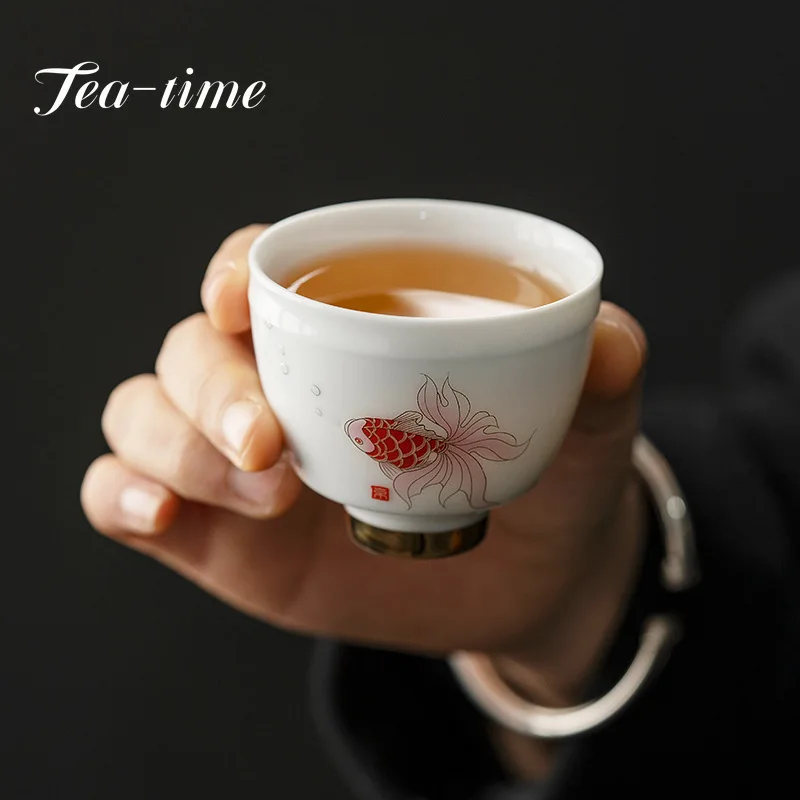 75ml Hand -painted Powder Red Koi Fish Fun Ceramic Tea Cup Drawing Gold Handmade Master Cup Single Wide Mouth Drinkware