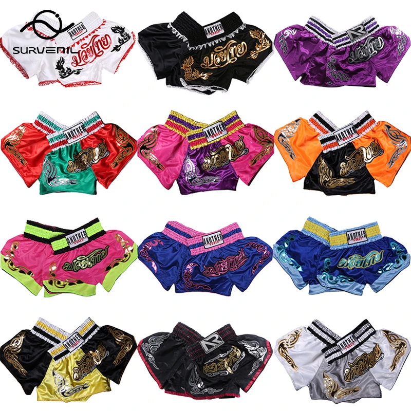 

Satin Muay Thai Shorts Fashion Embroidery Boxing Shorts Men Womens Kids Training Competition Fight Kickboxing Pants MMA Clothing