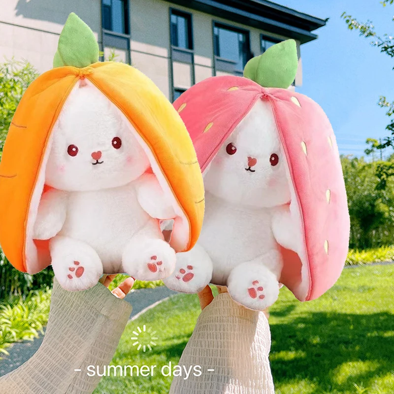 

25cm Cosplay Strawberry Carrot Rabbit Plush Toy Stuffed Creative Bag into Fruit Transform Baby Cuddly Bunny Plushie Doll For Kid