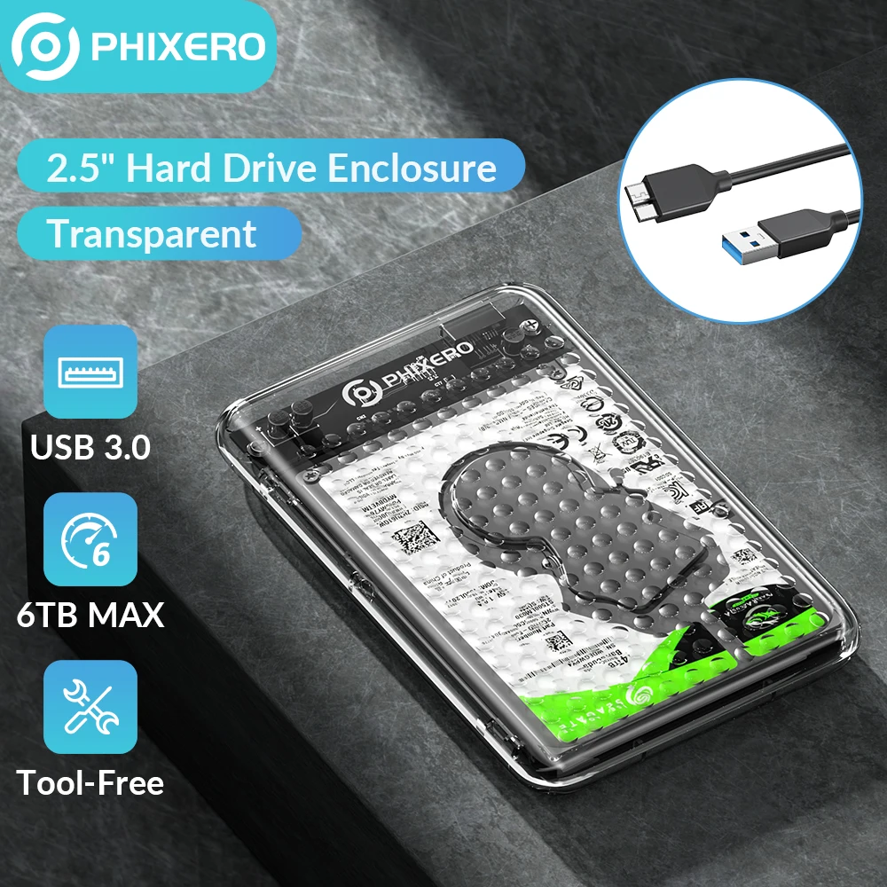 

PHIXERO 2,5-дюймовый прозрачный чехол для жесткого диска SATA к USB 3,0 6 ТБ SSD Корпус для внешнего жесткого диска Инструмент Бесплатно для ПК Аксессуары для ноутбуков