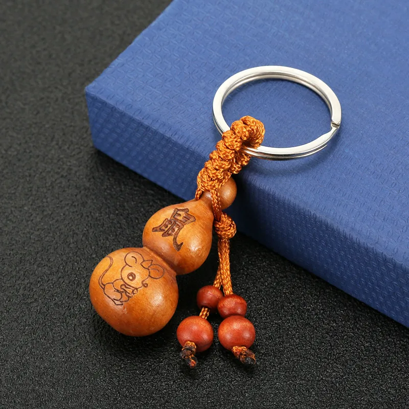 

120Pcs 12 Zodiac Gourd Keychain Peach Wood Key Chain Party Event Give Away Small Gifts Key Pendant Wholesale
