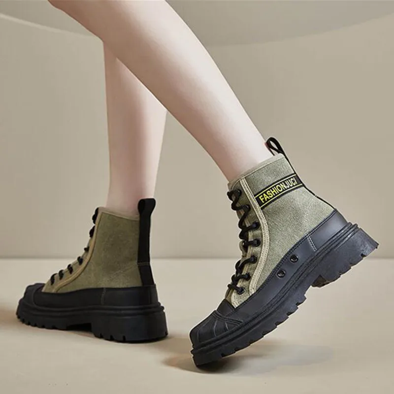 Platform Women's Boots 2023 Autumn New High Top Canvas Boots Women's High-quality Mountaineering Boot Lace Up High Casual Shoes