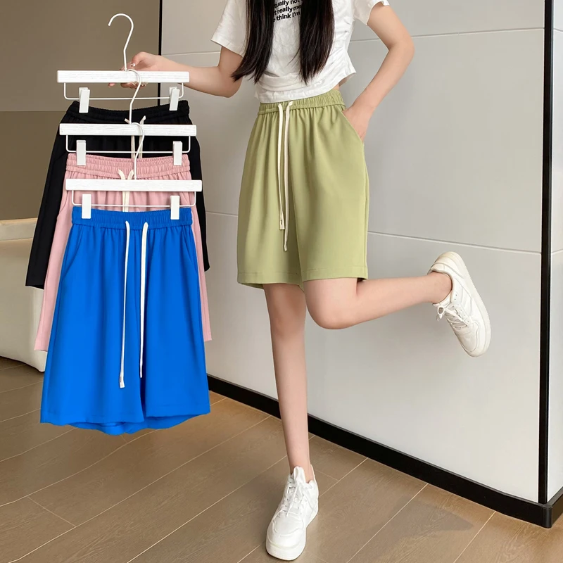 Loose Wide Leg Summer Shorts For Women Casual Streetwear Track Short Sweatpants Femme Ice Silk Thin Drawstring Bermudas Shorts