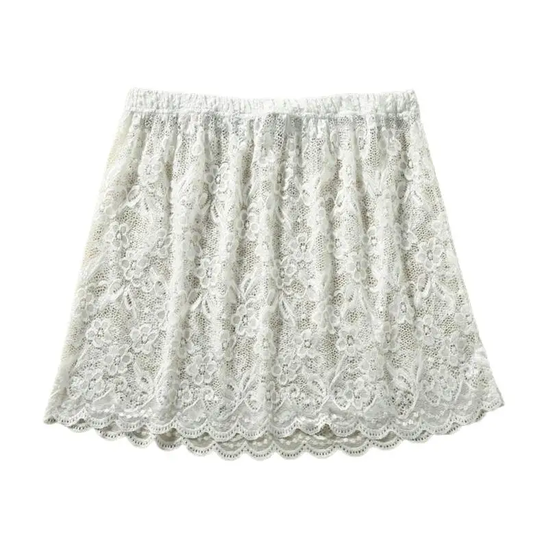 Women Sweet Floral Lace Layering Faux Mini Skirt Pleated A-Line Flare Fake Hem Shirt Extender Half-Length Splitting Slips Unders