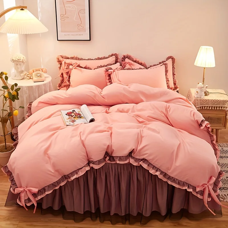 Luxurious Lace-Trimmed Duvet Cover Set 3pcs - Soft & Breathable - Elegant Solid Color with Pillowcase(s) for Bedroom Comfort