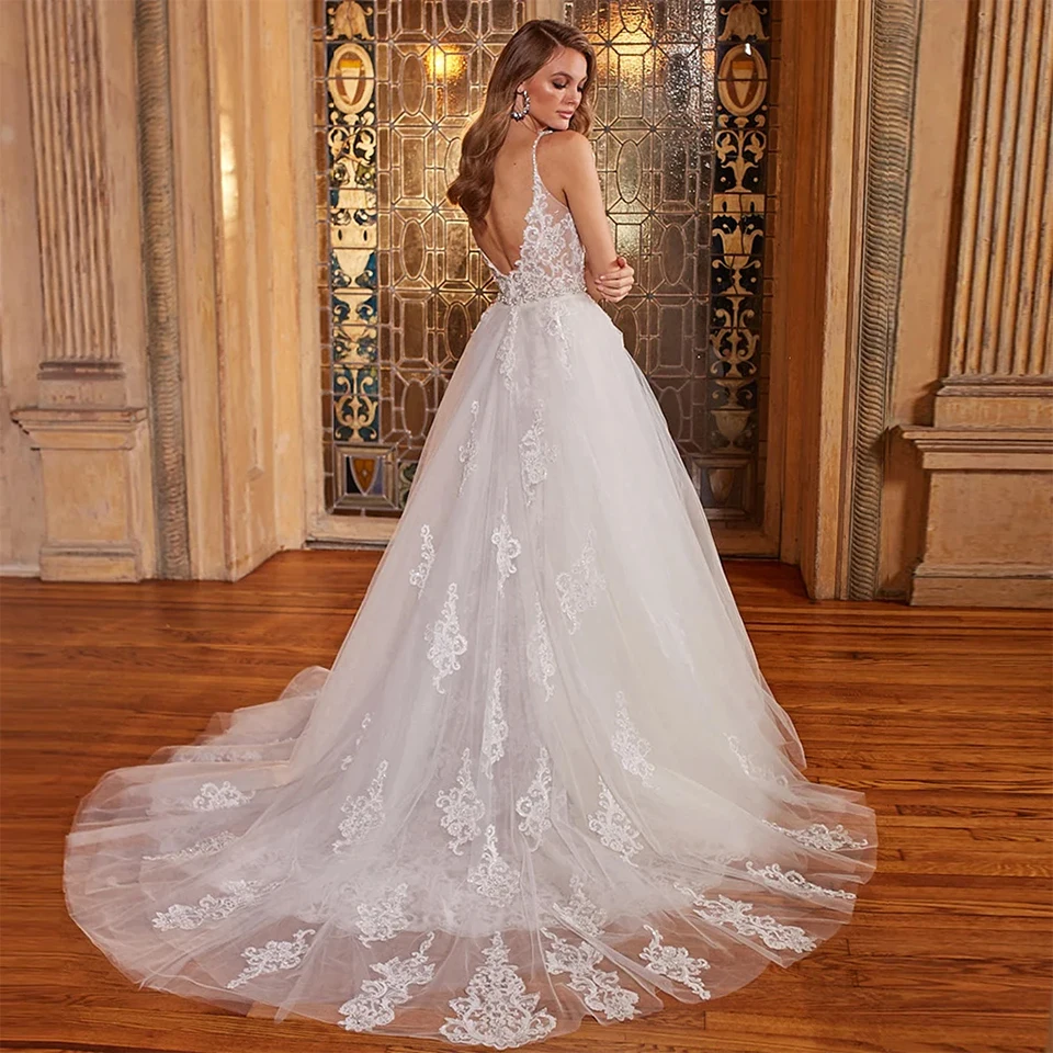 Sexy 2-in-1 Meerjungfrauen-Brautkleid mit abnehmbarer Schleppe 2026, Spaghettiträger, V-Ausschnitt, rückenfreies Brautkleid für Damen, Vestido De Novia – Detail 4