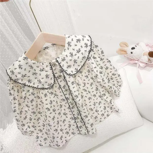 Baby Girls Shirts Floral Long Sleeve Peter Pan Collar Cute Autumn New Korean Style Kids Blouses Clothes