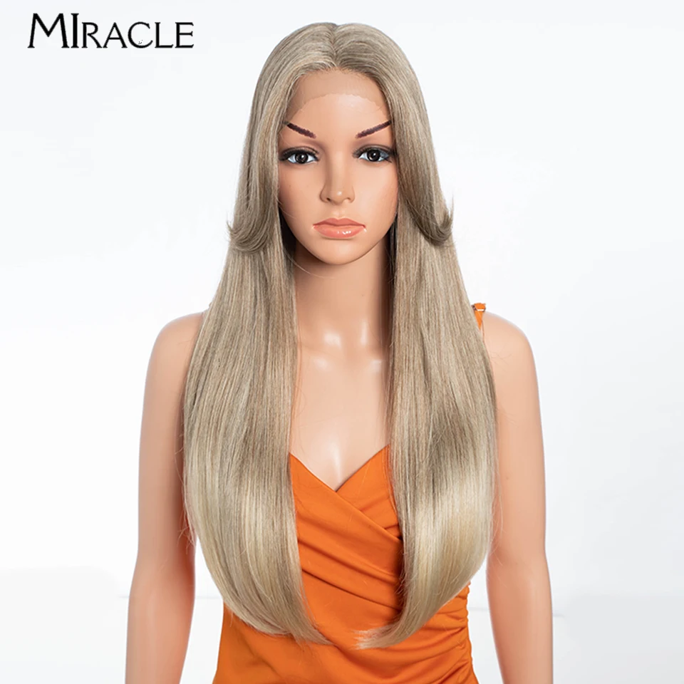 24 Inch Synthetic Lace Front Wig for Women Straight Lace Wigs With Bangs Heat Resistant Cosplay Wig Highlight Blonde