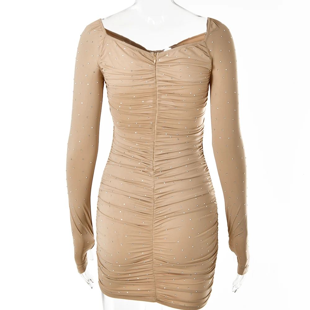 Ruched Cut Out Diamonds Long Sleeve Mini Dress Women Shirring Sweetheart-neck Slim Wrap Skirt Elegant Bodycon Partywear