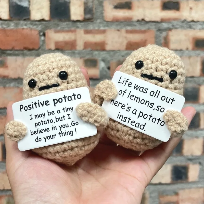 Miniature Figurines Mini Positive Energy Potato Toys Cute Emotional Support Potatoes Handmade Wool Crochet Knitting Doll with Card Home Decor Gifts