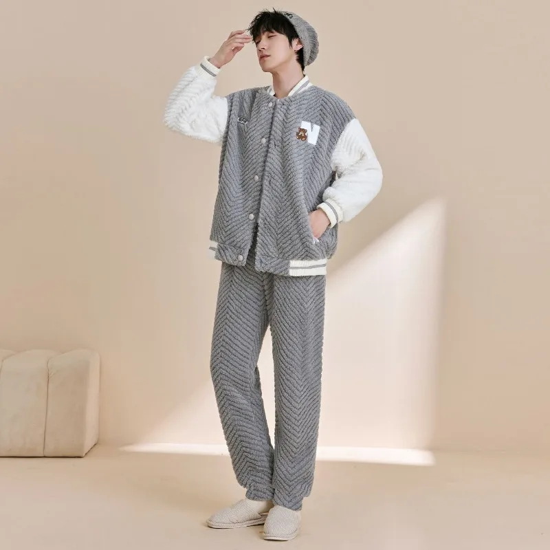 Male Baseball Collar Flannel Home Clothes Outside Wear Autumn Winter Pajamas Men Loose Simple Casual Two-piece Loungewear Suit