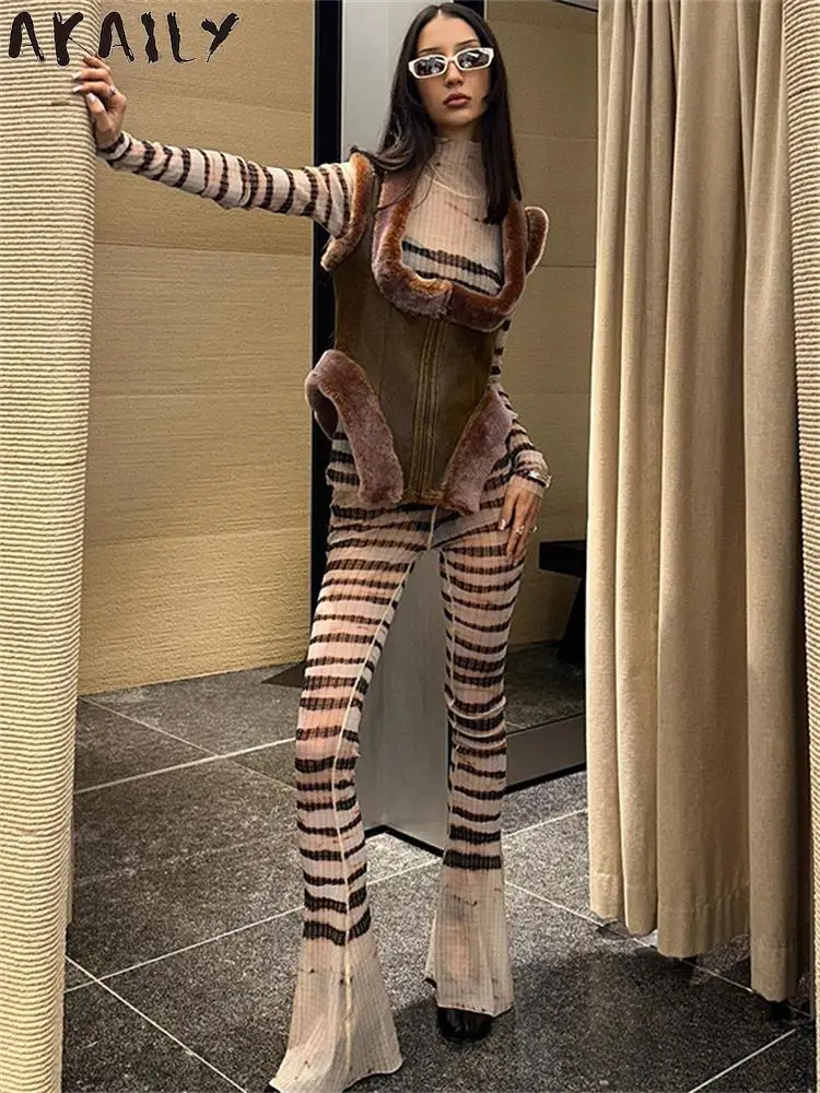 

Akaily Sexy Apricot Striped 2 Two Piece Pants Set Causal Clothing For Women 2023 Fashion Turtleneck Long Sleeve Flared Pants Set