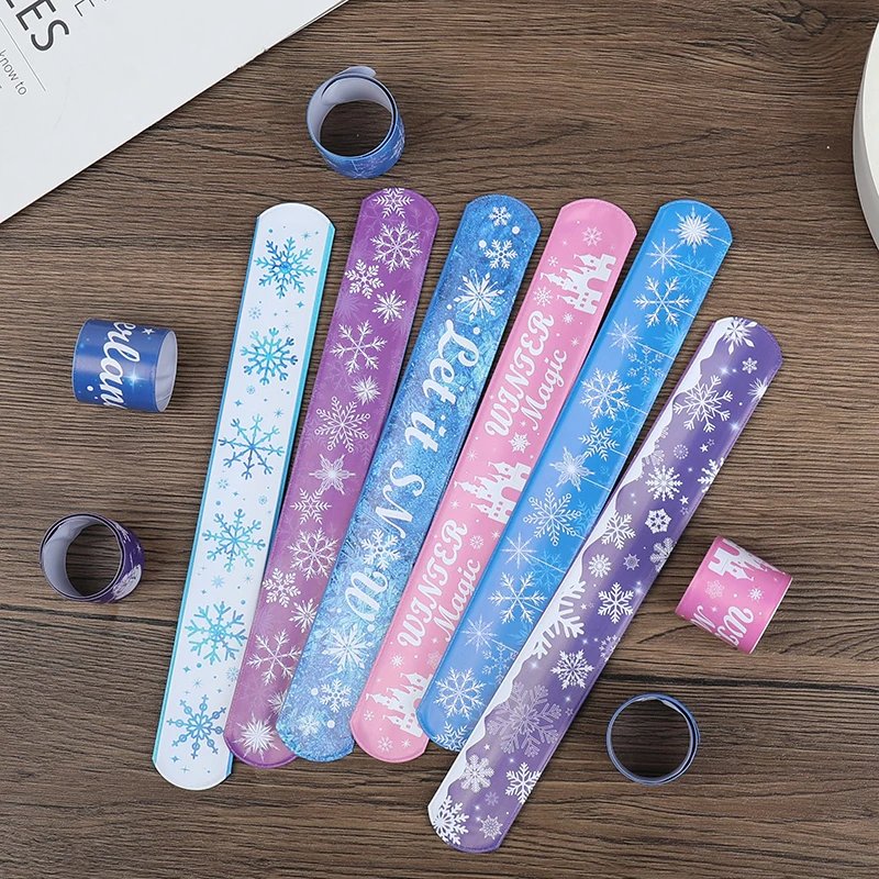 12Pcs Winter Snowflake Slap Bracelets for Kids Frozen Birthday Party Favors Goodie Bag Pinata Fillers Christmas Wristbands Gifts