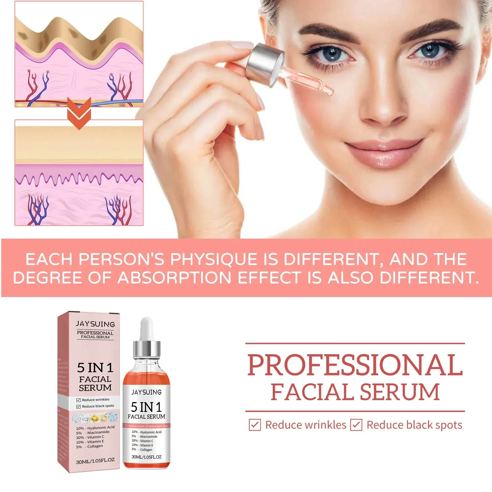 Hyaluronic Acid Wrinkle Remover Serum Niacinamide Whitening Moisturizing Fade Dark Spot Shrink Pores 5 In 1 Facial Care Serum 5