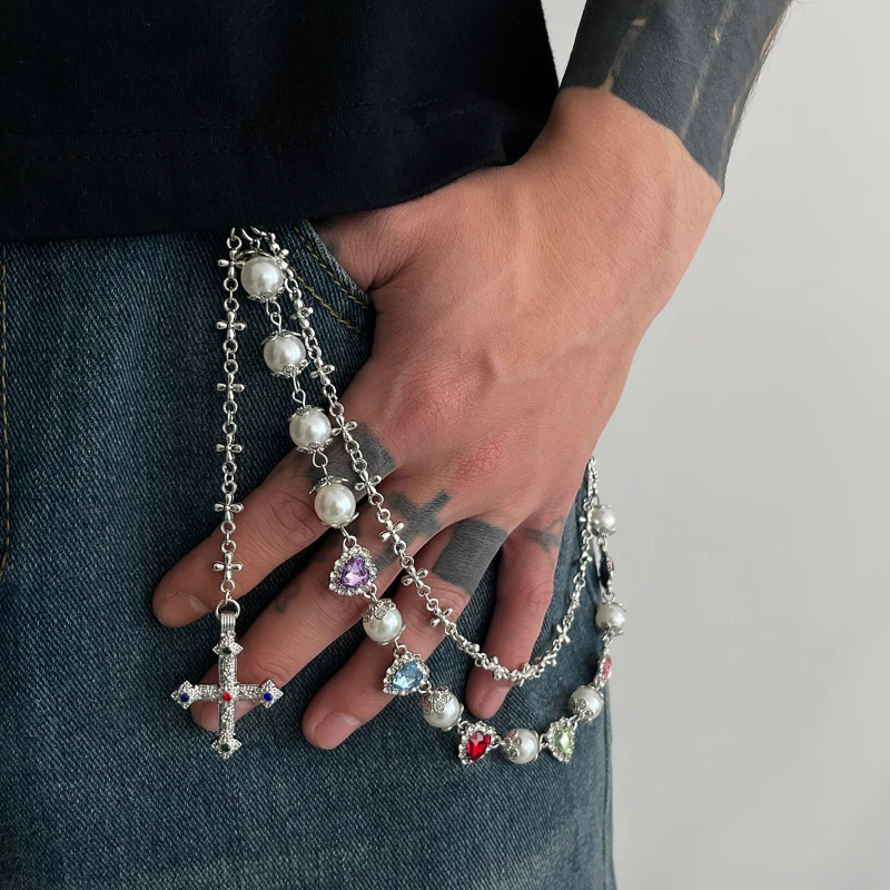 1PC Exquisite Luxus Kreuz Anhänger Imitation Perle Schlüsselbund Gürtel Kette Männer Frauen Punk Hosen Jeans Kette HipHop Schmuck – Detail 2