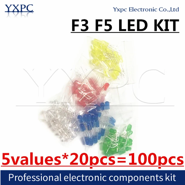 Ensemble de diodes lumineuses LED, kit électronique, lumière claire, rouge,  vert, jaune, bleu, blanc, orange, F3, 3mm, F5, 5mm, 100 pièces - AliExpress