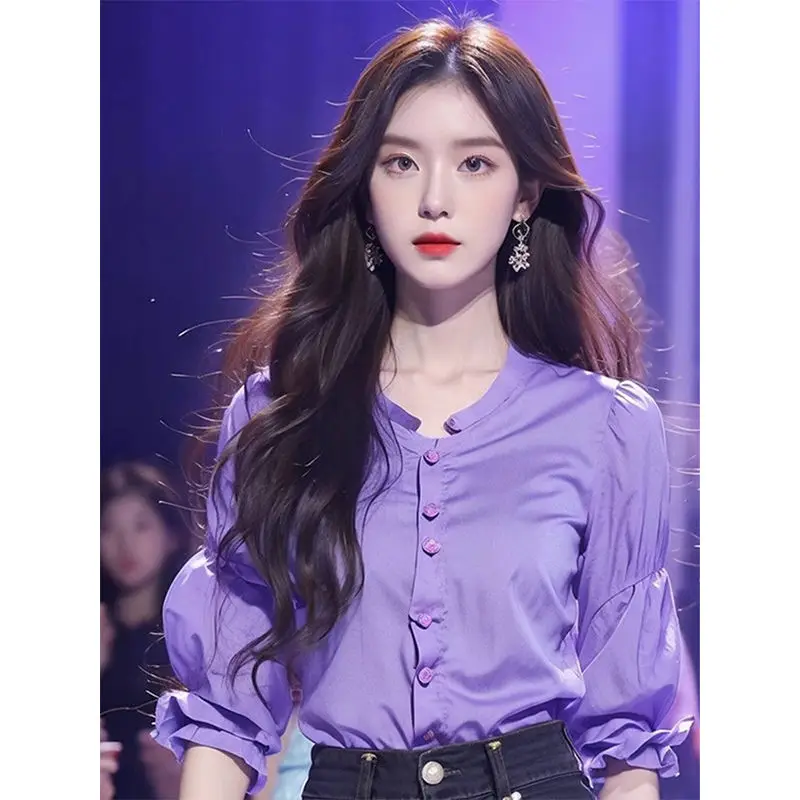 Korea Short Sleeve Purple Shirt Top Women's Summer Chiffon Blouse 2024 New Design Sense Ruffled Sleeves Unique Travel Top