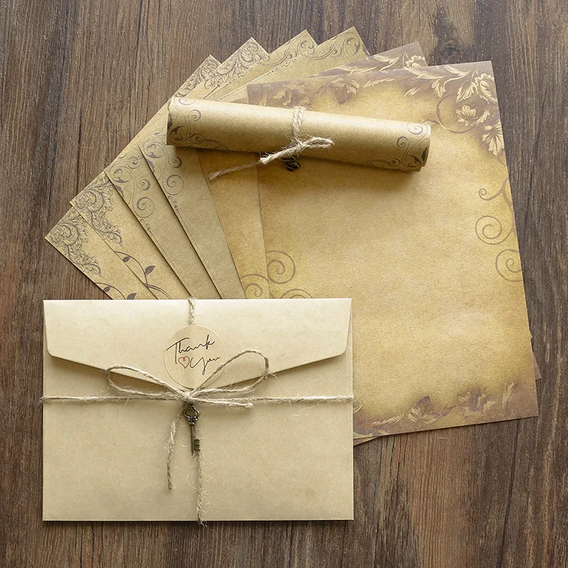 Retro Vintage Kraft Envelope Letter Pad Set Old Europe Style Love Letter Invitation Thanks Envelopes Writing Paper With Rope