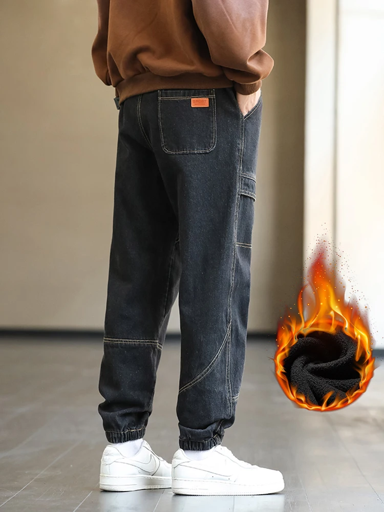 Thicken Men's Cargo Jeans Warm Fleece Fashion Large Pockets Bound Feet Sweatpants Male Drawstring Korean Plush Denim Trousers 5