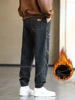 Thicken Men's Cargo Jeans Warm Fleece Fashion Large Pockets Bound Feet Sweatpants Male Drawstring Korean Plush Denim Trousers 5
