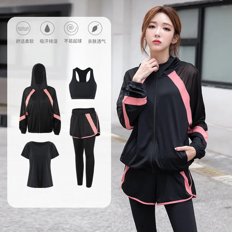 

Women Yoga Suit Hooded Jacket Short Sleeve Sweatshirt Yoga Bra Sport Pant Running Jogger Fitness Gym Workout Casual Clothes