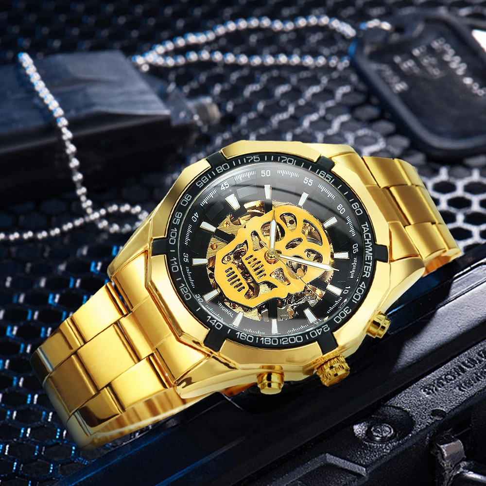 WINNER Military Skull Skeleton Gold Watch for Men Luminous Dial Sports  Automatic Mechanical Watches Stainless Steel Strap Clock - AliExpress