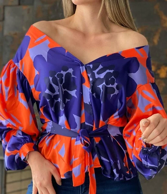 Blouse for Women Colorblock Lantern Sleeve Tied Detailed Top 2023 Floral Print V Neck Off Shoulder Irregular Hem Y2K Blouse