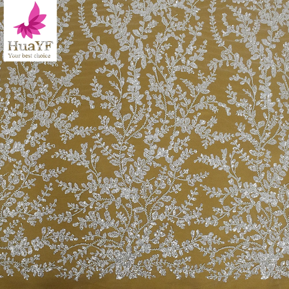 

High-end White African French Luxury Beads Sequins Lace Fabric Wedding Dress Party Evening Dress Material 5 Yards HY2006-2